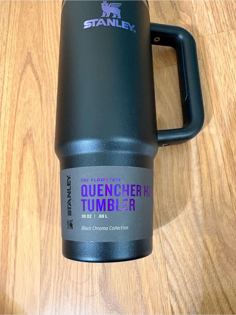 Stanley Black Tumbler with Iridescent Purple-Blue Accent and Handle - Picture 2 of 3